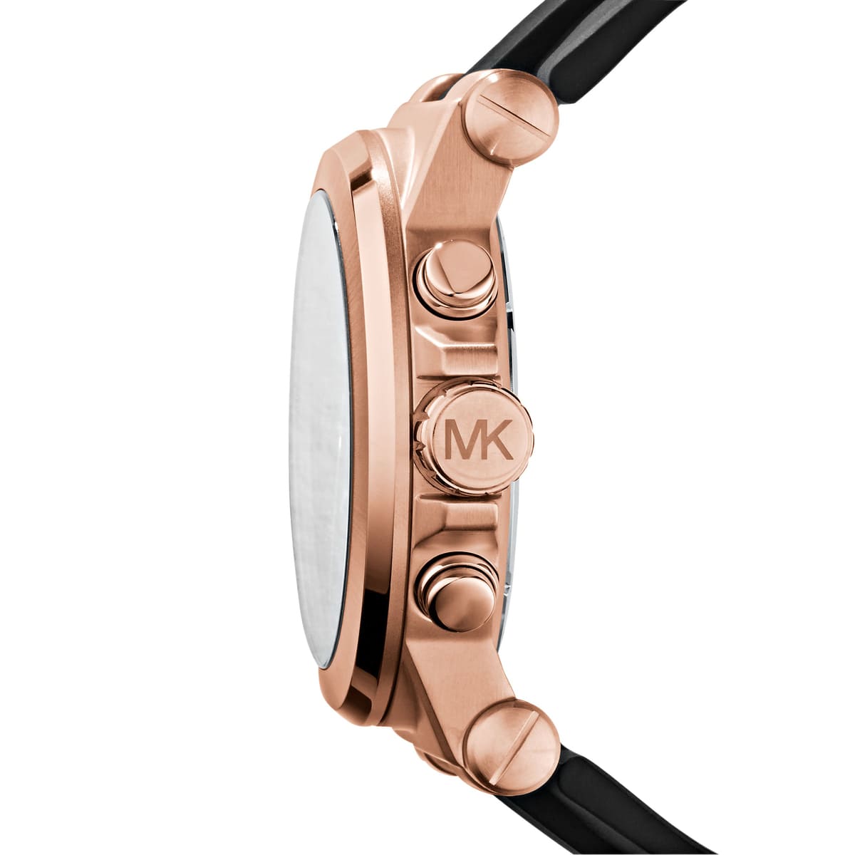 Side profile showing the large rose gold-tone crown and chronograph pushers of the MK8184