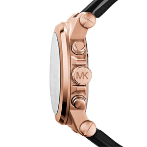 Side profile showing the large rose gold-tone crown and chronograph pushers of the MK8184