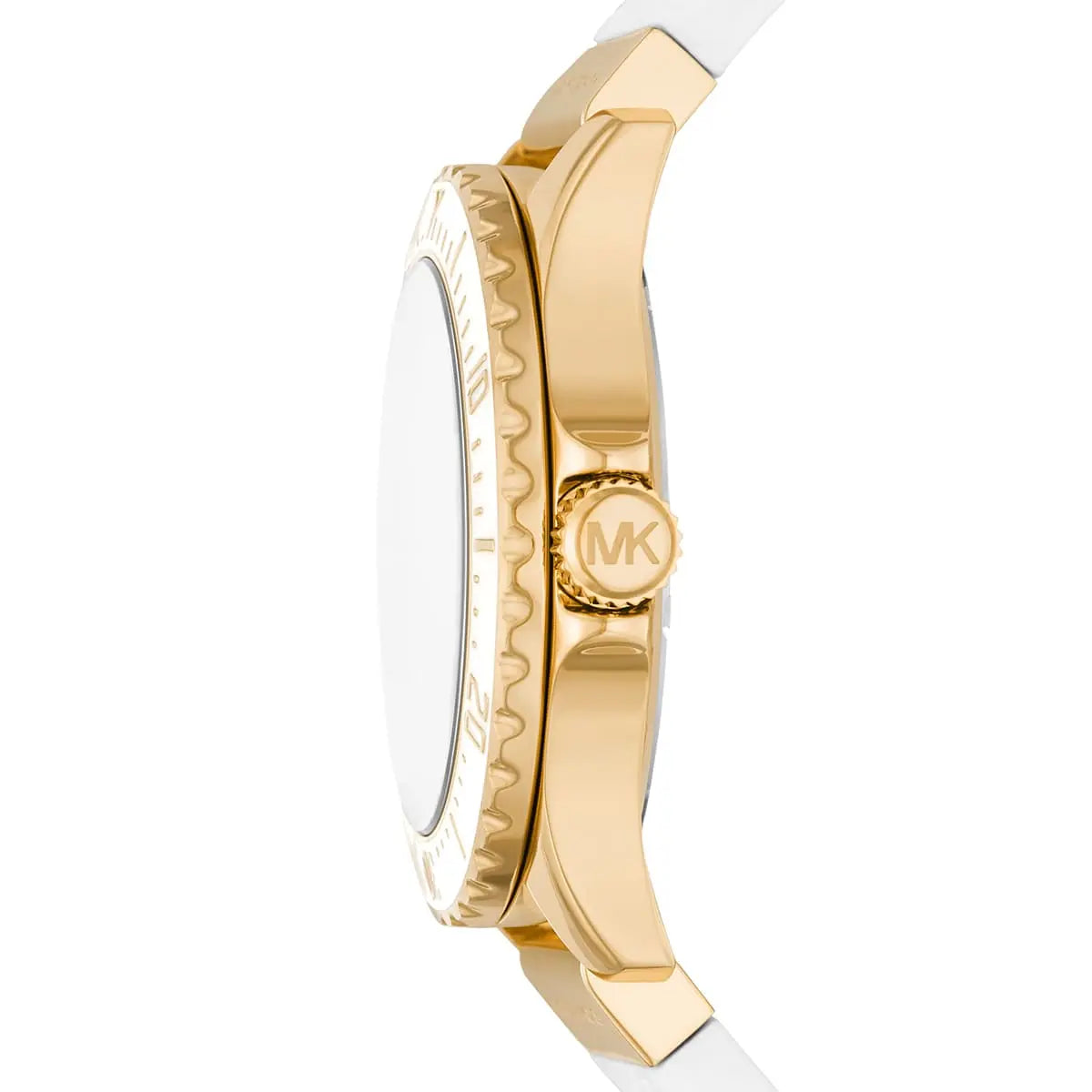 Side profile of the polished gold-tone case and textured crown on the Michael Kors Everest MK7357