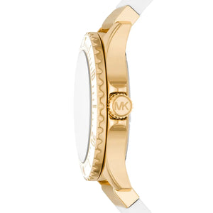 Side profile of the polished gold-tone case and textured crown on the Michael Kors Everest MK7357