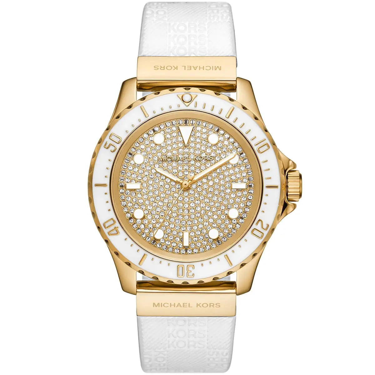 Michael Kors Everest MK7357 women's gold-tone watch with full pavé crystal dial and white rubber strap