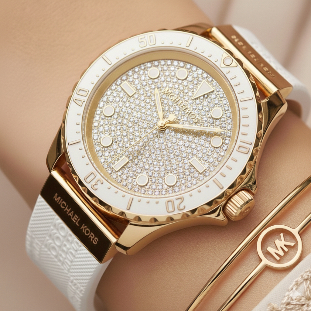 Close up of the MK7357 gold dial showing the intense full pavé crystal encrusting and luminous markers