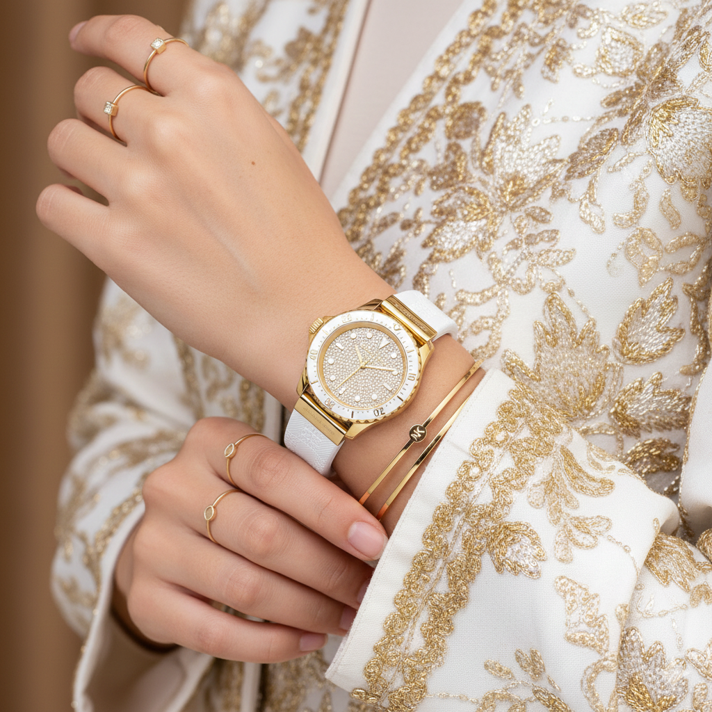 Detailed view of the white sporty bezel with gold-tone numerical markers on the Michael Kors MK7357