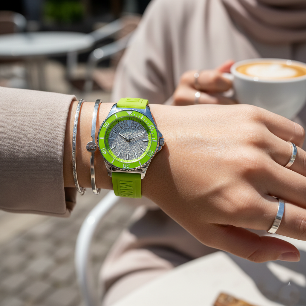 Detailed shot of the lime green rubber strap embossed with the Michael Kors logo for the MK7360 watch