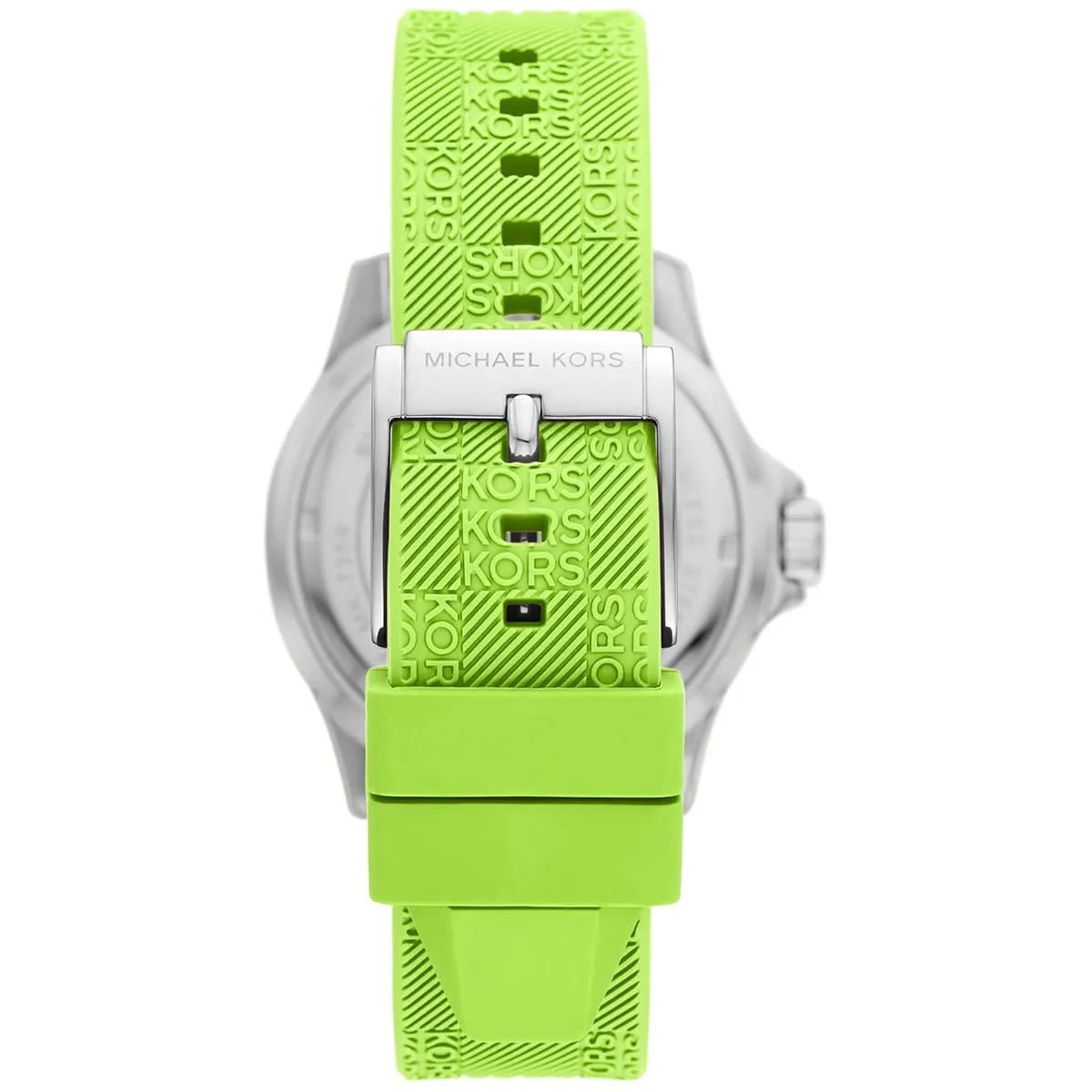 Detailed shot of the lime green rubber strap embossed with the Michael Kors logo for the MK7360 watch