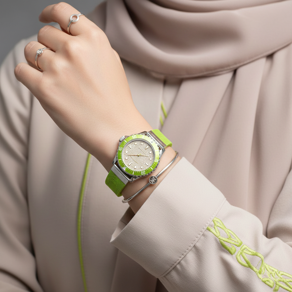 Detailed view of the lime green numerical bezel with silver-tone markers on the Michael Kors MK7360