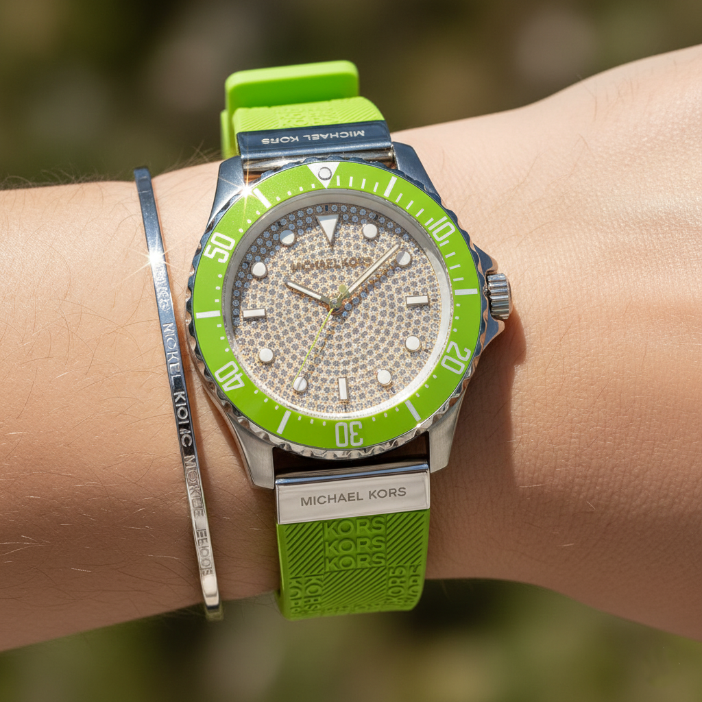 Close up of the MK7360 silver dial showing the full pavé crystal encrusting and luminous geometric markers