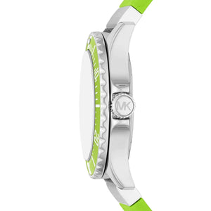 Side profile of the polished silver-tone case and crown on the Michael Kors Everest MK7360