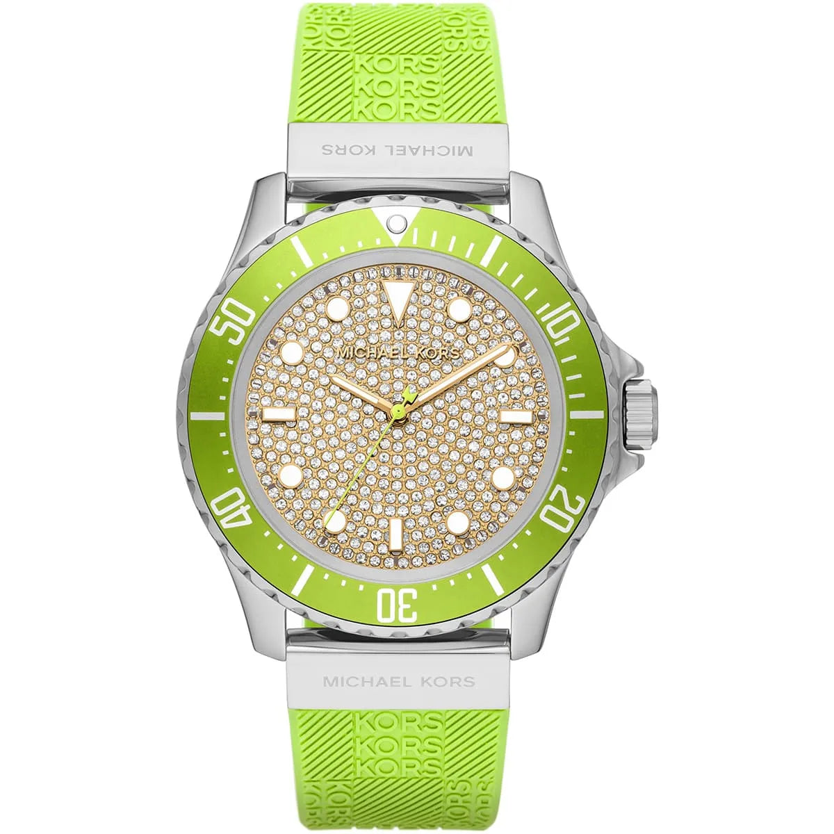 Michael Kors Everest MK7360 women's silver-tone watch with full pavé crystal dial and lime green rubber strap