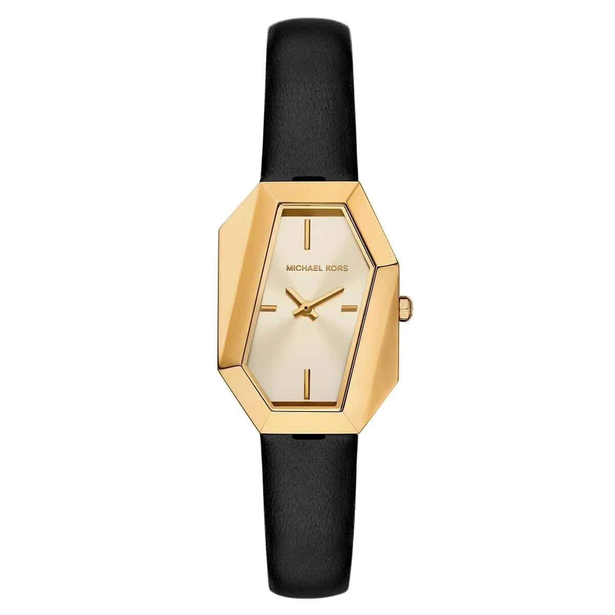 Original Michael Kors MK4880 Gia gold-tone hexagonal watch with black leather strap - Luxury Hub Egypt