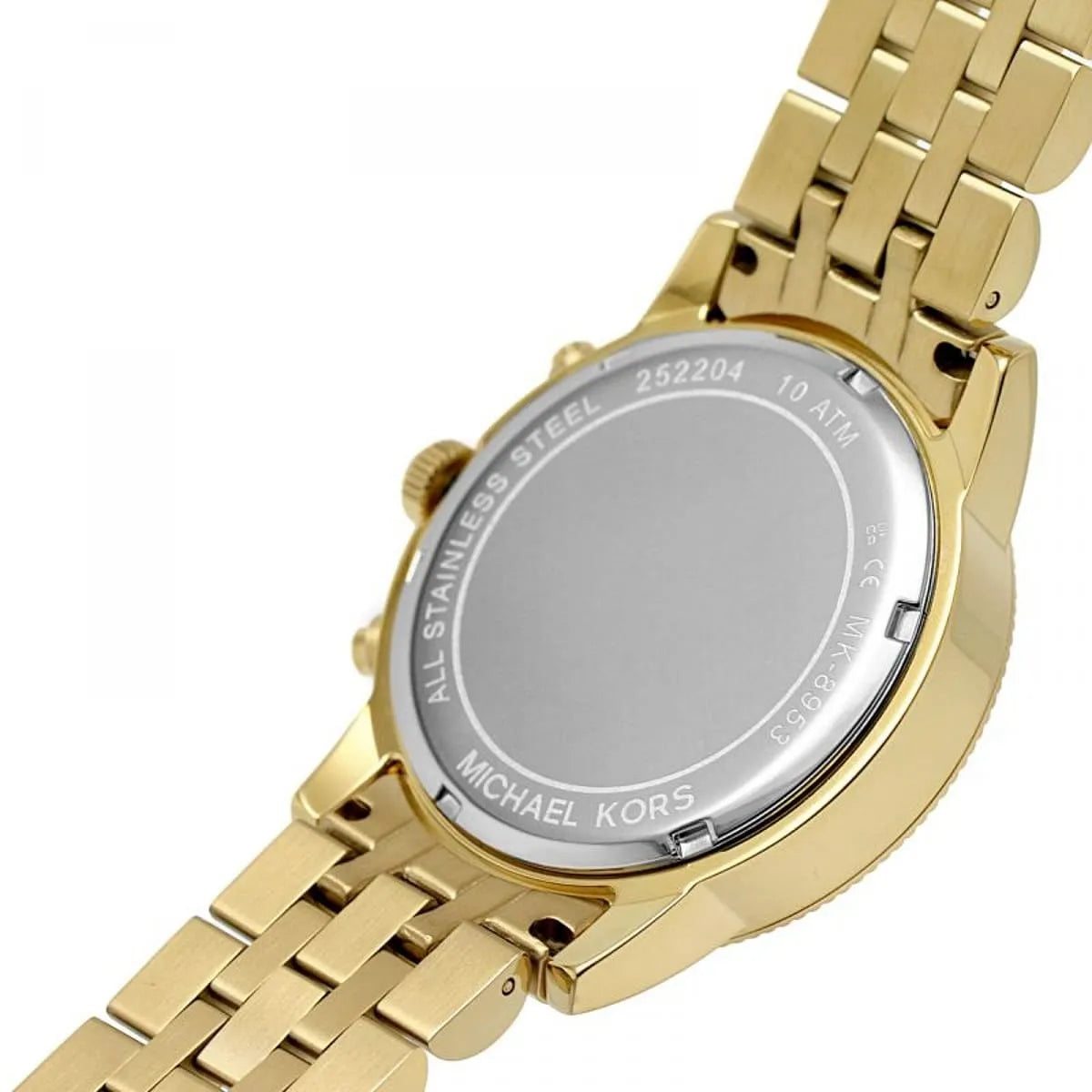 Engraved stainless steel case back of the Michael Kors MK8953 gold watch