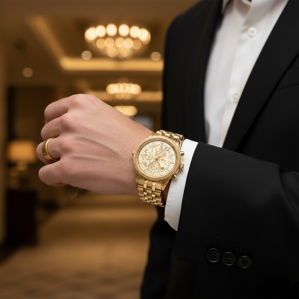 Michael Kors Hutton MK8953 gold-tone men's chronograph watch with gold link bracelet