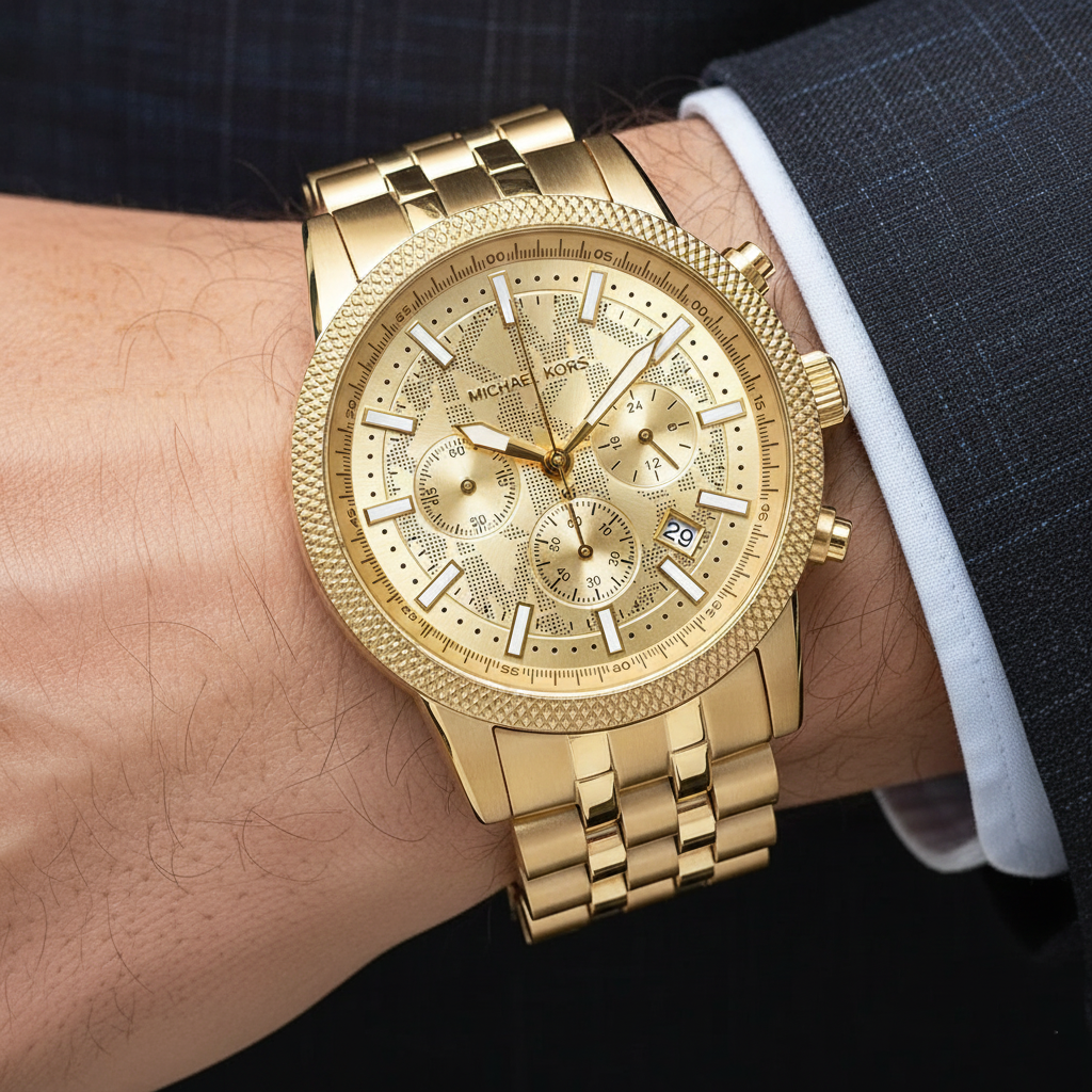 Detailed view of the knurled textured gold-tone bezel on the Michael Kors Hutton watch