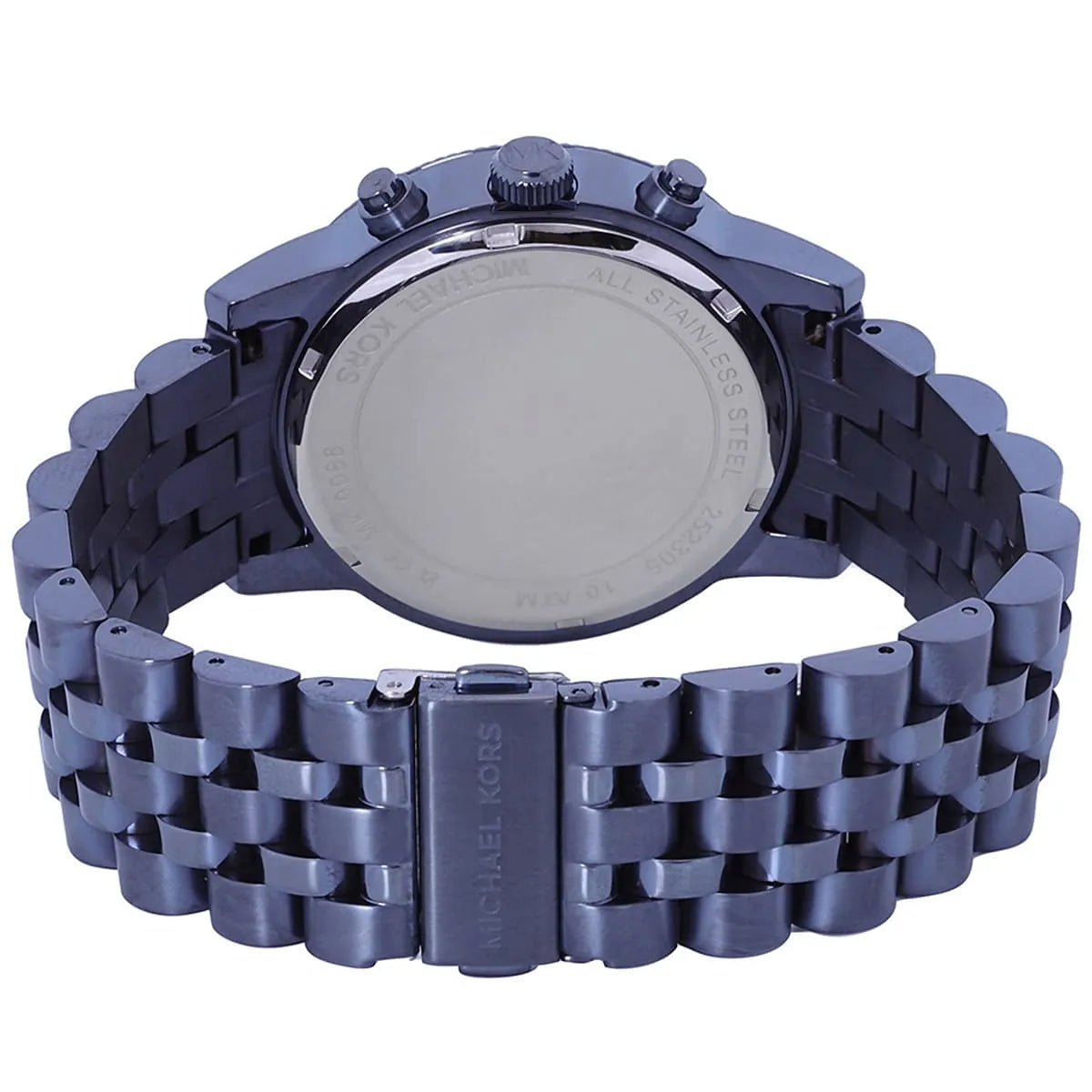 Navy blue stainless steel deployment clasp with engraved Michael Kors logo for the MK9088