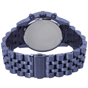 Navy blue stainless steel deployment clasp with engraved Michael Kors logo for the MK9088