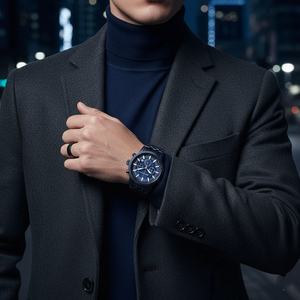 Detailed view of the navy blue ion-plated stainless steel link bracelet for the MK9088 watch