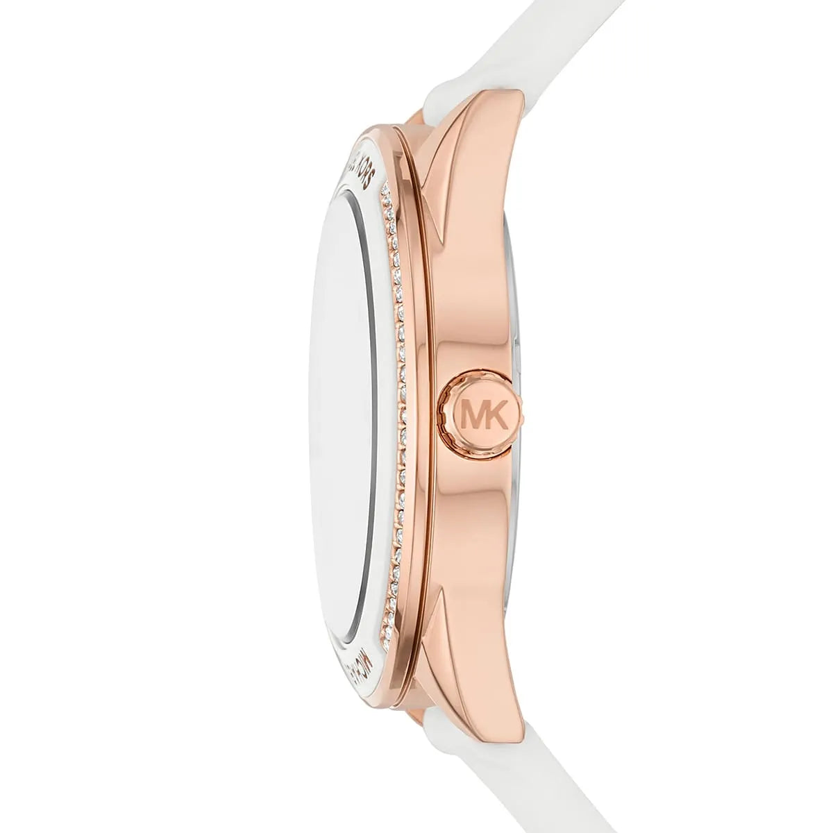 Side profile of the polished rose gold-tone case and crown on the Michael Kors MK6945