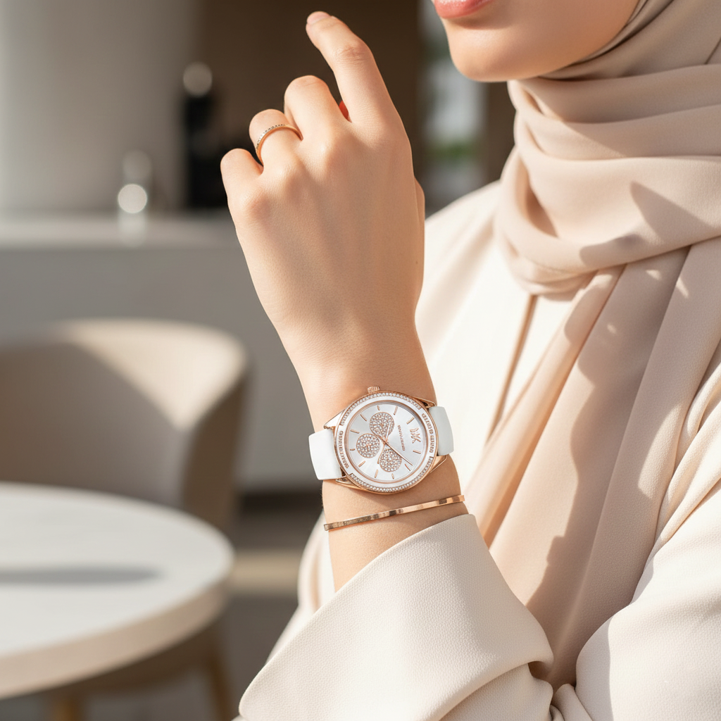 Detailed shot of the pavé crystal-encrusted bezel on the Michael Kors Jessa MK6945