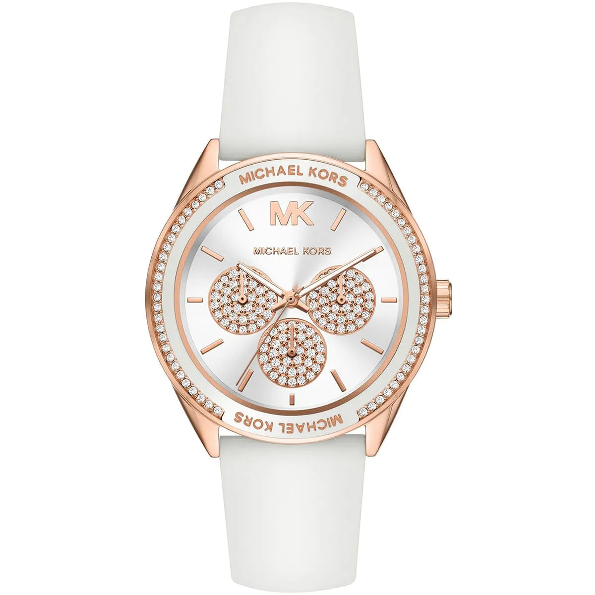 Michael Kors Jessa MK6945 women's rose gold watch with white dial and white rubber strap