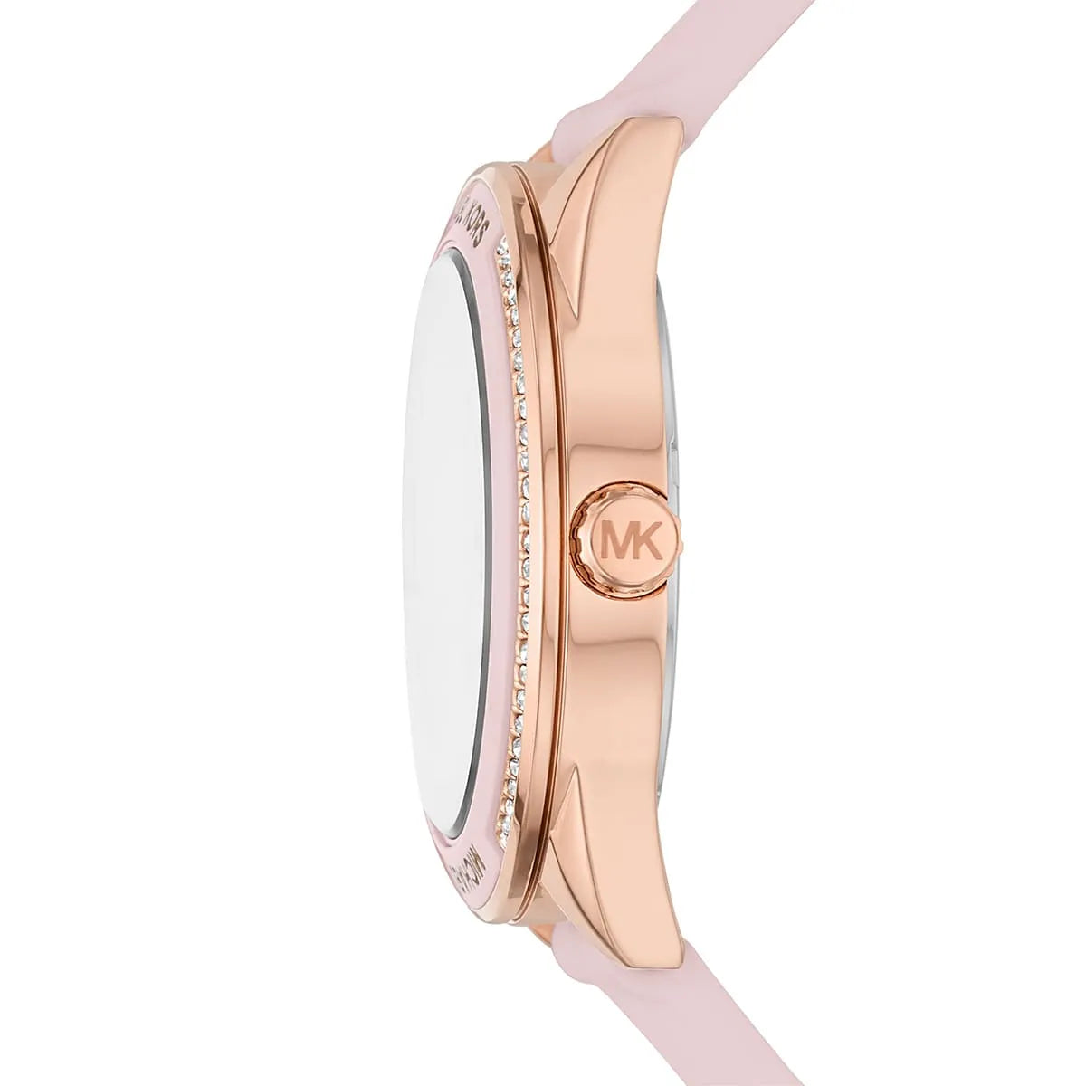 Detailed view of the soft and durable pink rubber silicone strap for the Michael Kors Jessa watch