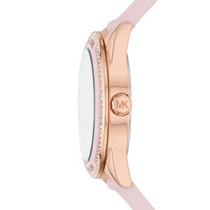Detailed view of the soft and durable pink rubber silicone strap for the Michael Kors Jessa watch