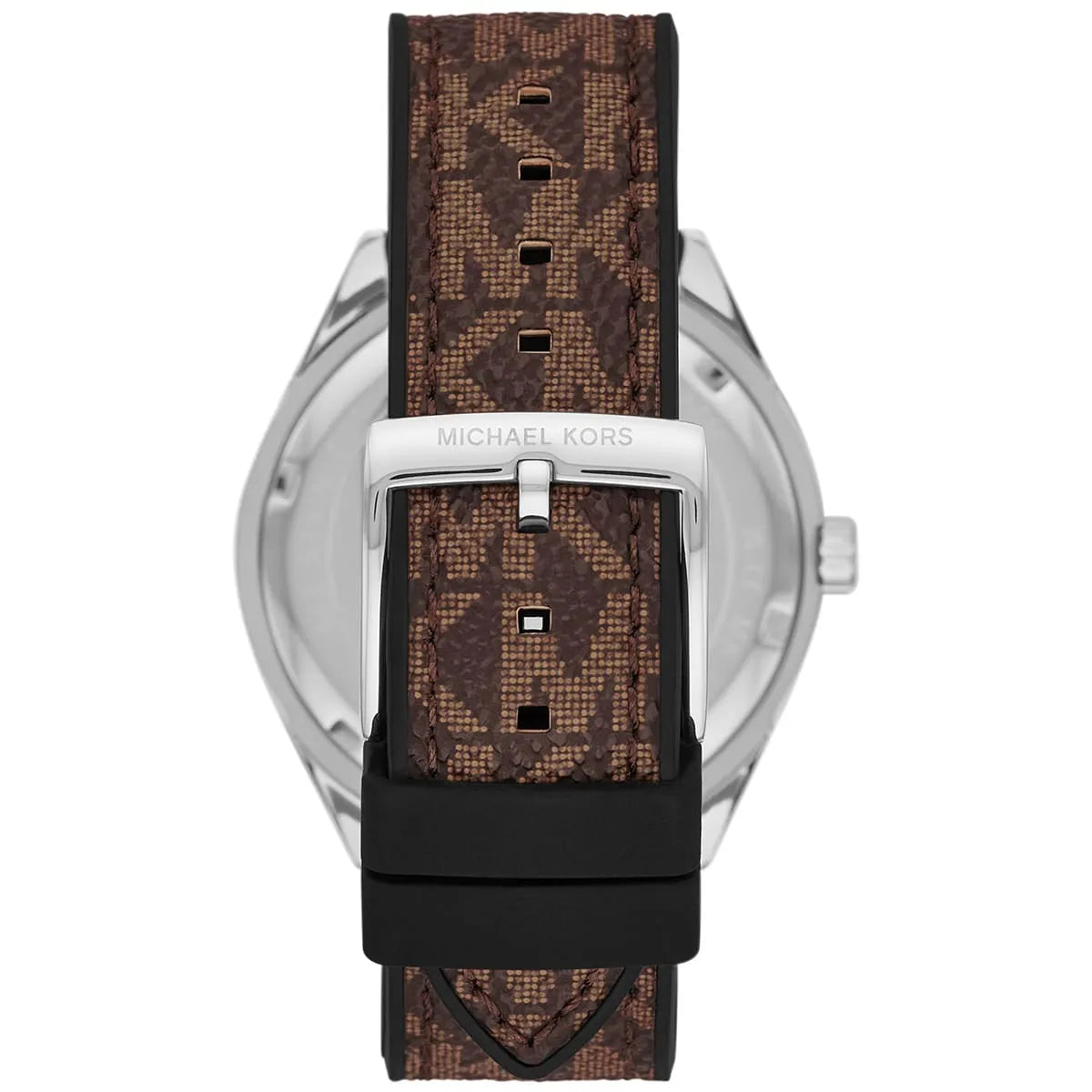 Close-up of the silver-tone pin buckle with the engraved Michael Kors branding on the brown logo-patterned rubber strap