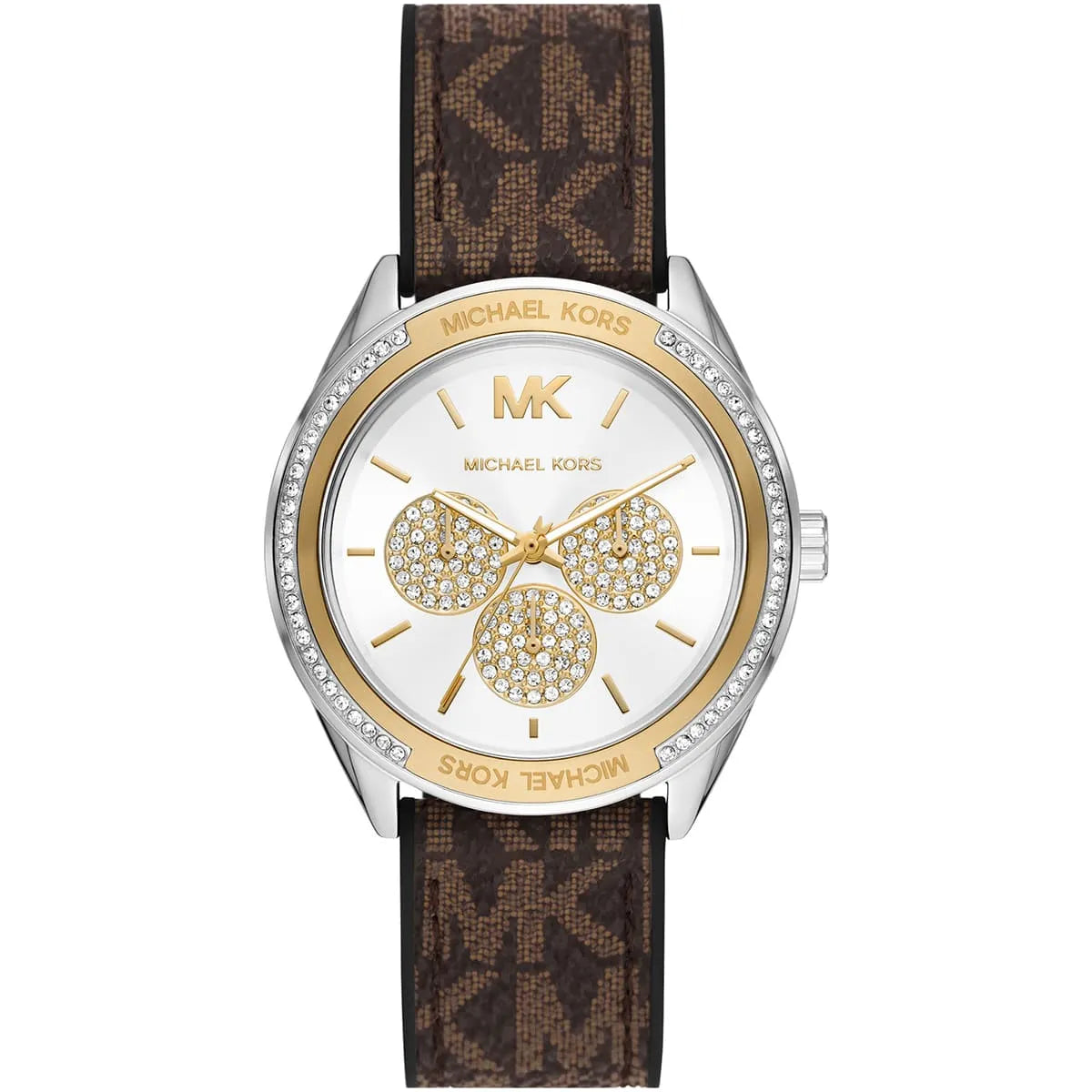 Frontal view of the Michael Kors Jessa MK7205 women's watch featuring a white dial, two-tone case, and brown MK logo-patterned rubber strap