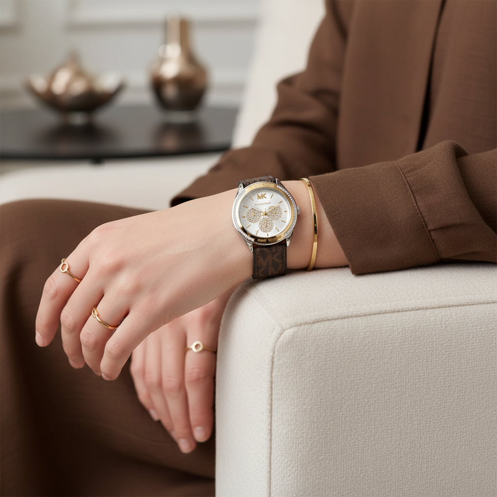 Lifestyle shot of a woman's wrist wearing the Michael Kors MK7205 two-tone watch with the branded brown rubber strap