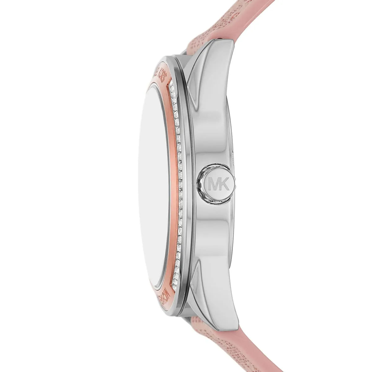 Side-on shot of the MK7206 two-tone case emphasizing the rose gold-tone textured crown and sleek architectural lugs