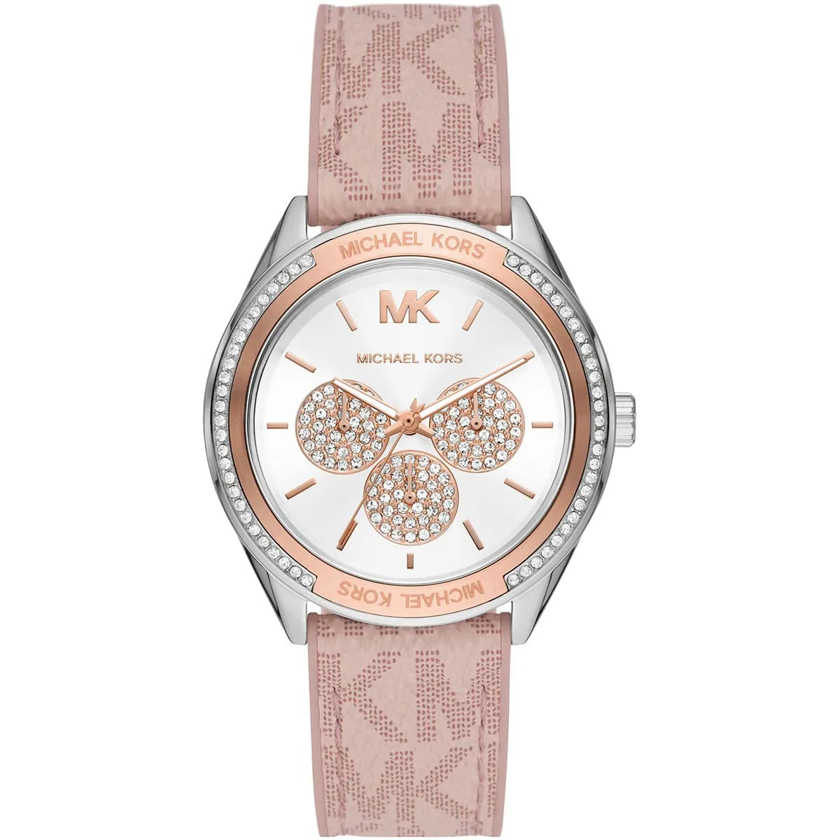 Frontal view of the Michael Kors Jessa MK7206 women's watch featuring a white dial, silver and rose gold-tone case, and pink MK logo-patterned rubber strap