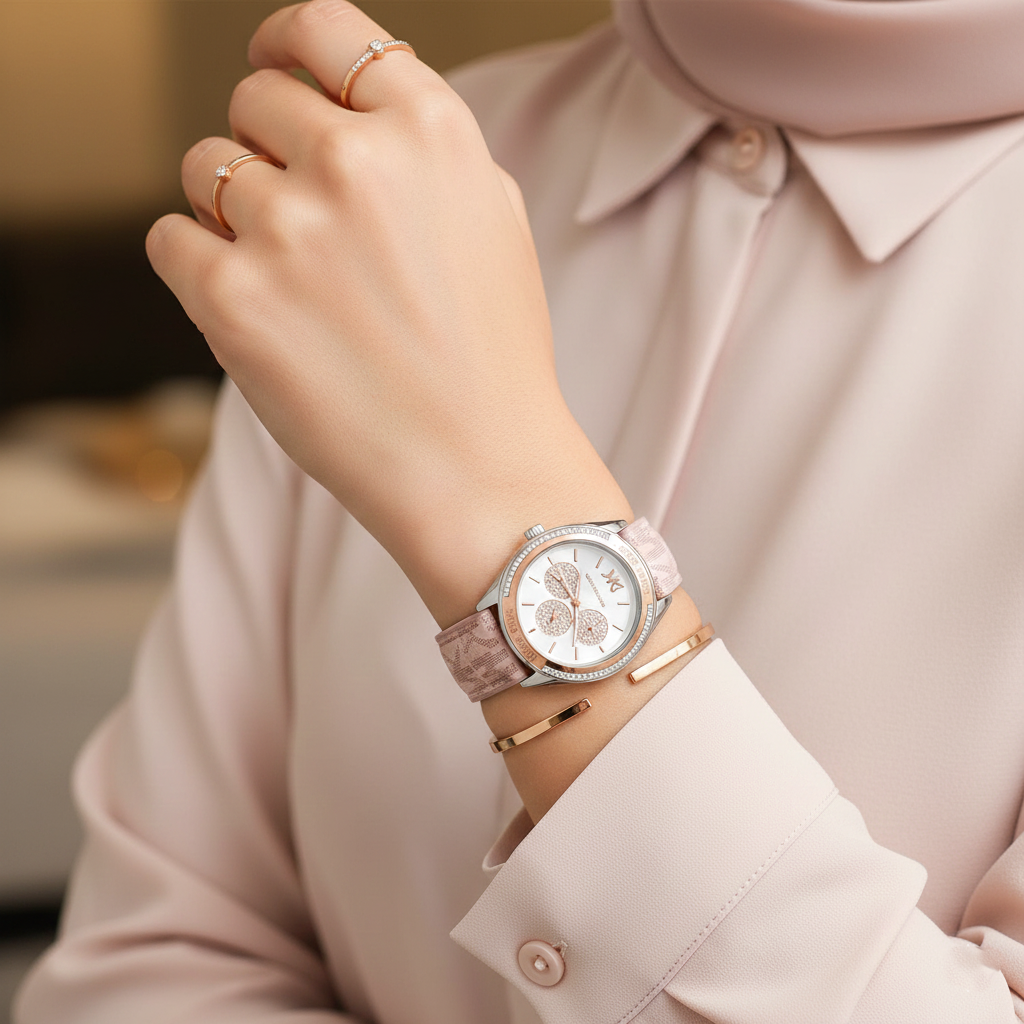 Lifestyle shot of a woman's wrist wearing the Michael Kors MK7206 two-tone watch with the branded pink rubber strap