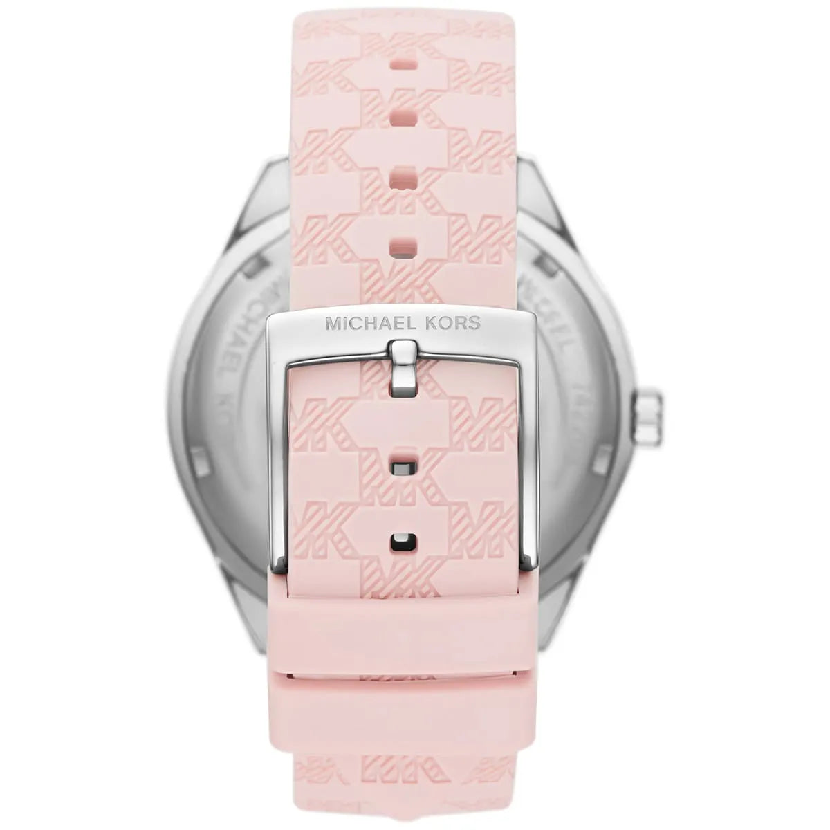 Detailed view of the pink rubber strap with embossed Michael Kors MK logo pattern for the Jessa watch