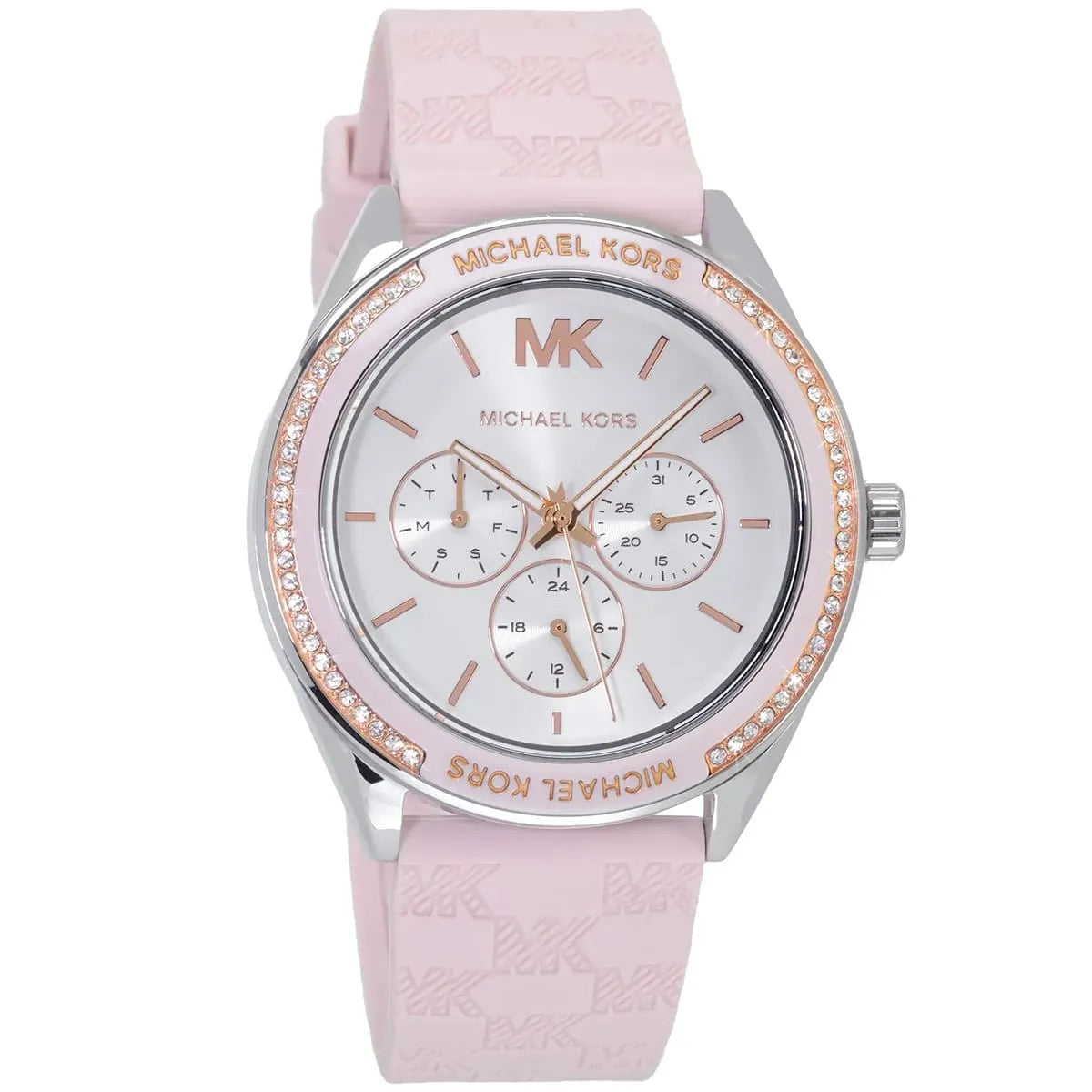 Side profile of the polished silver-tone stainless steel case and crown on the MK7268