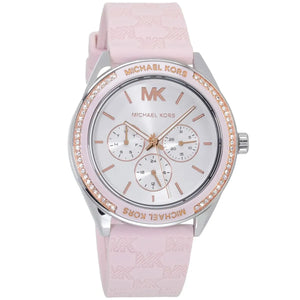 Side profile of the polished silver-tone stainless steel case and crown on the MK7268