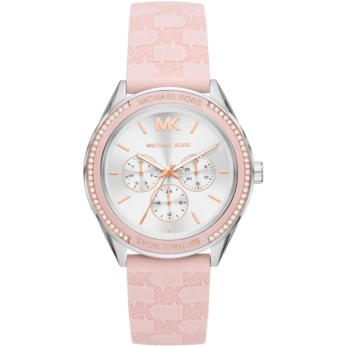 Michael Kors Jessa MK7268 women's silver-tone watch with white dial and pink logo-patterned rubber strap