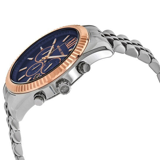 Side profile of Michael Kors Lexington MK8689 men's quartz battery watch showing 12mm thickness and rose gold fluted finish