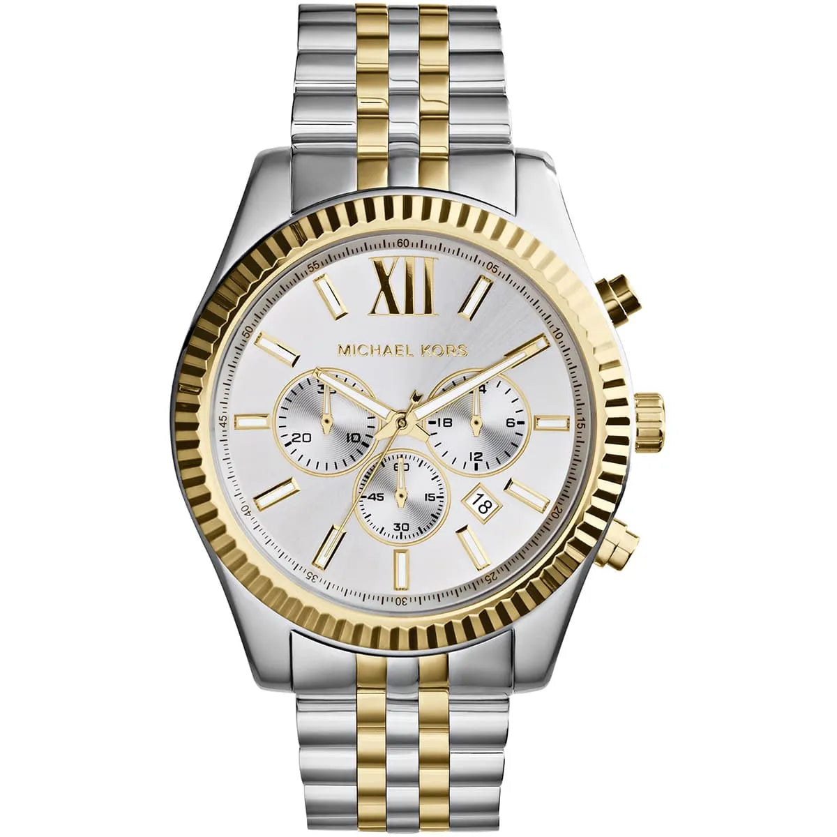 Michael Kors MK8344 Lexington Men's Two-Tone Watch with Fluted Bezel and Silver Dial