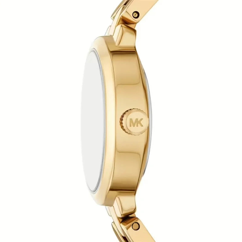 Gold watch with Michael Kors logo on a white background