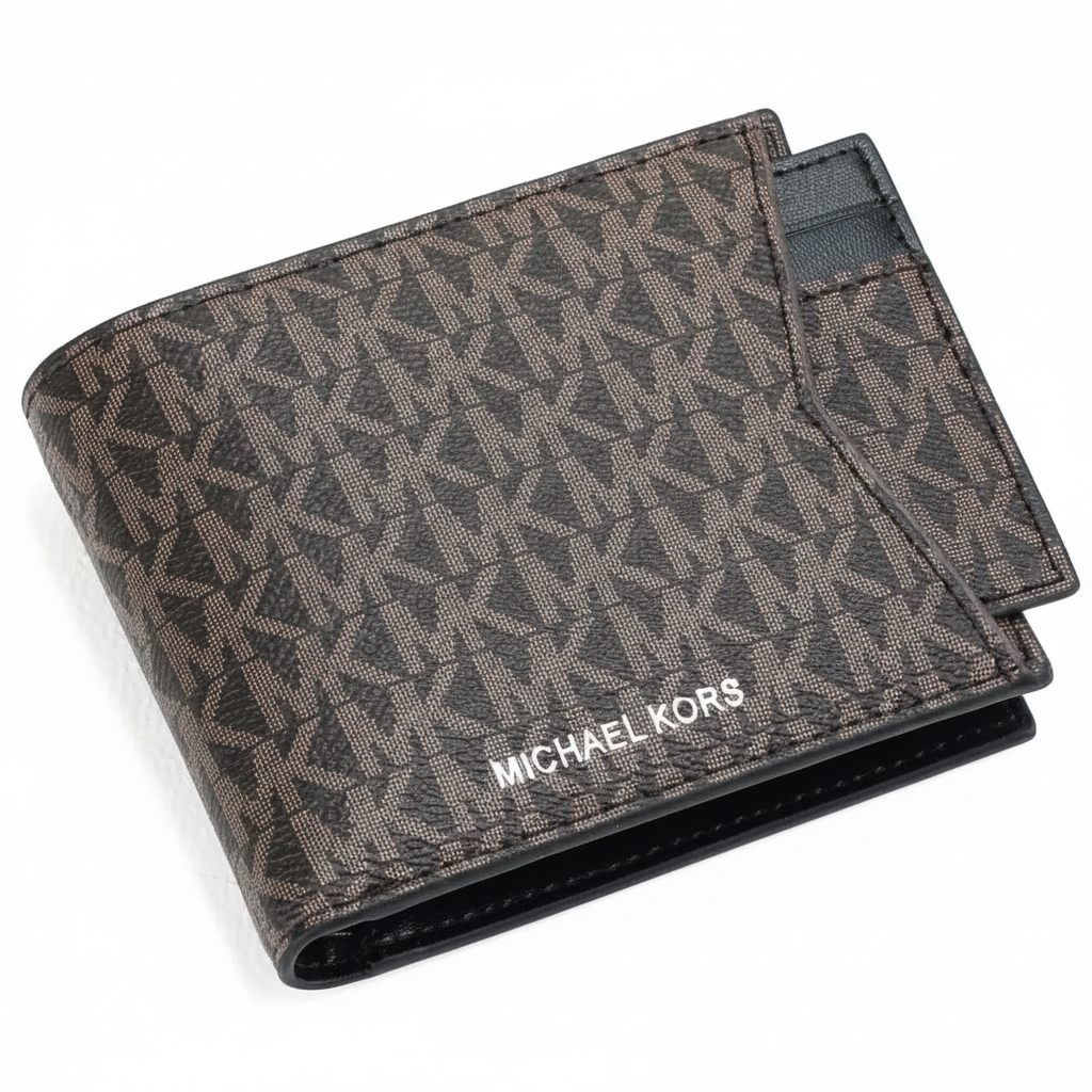 Angled view of a Michael Kors men's brown monogram wallet with its matching cardholder partially inserted into the clever front exterior pocket