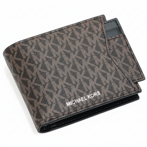 Angled view of a Michael Kors men's brown monogram wallet with its matching cardholder partially inserted into the clever front exterior pocket