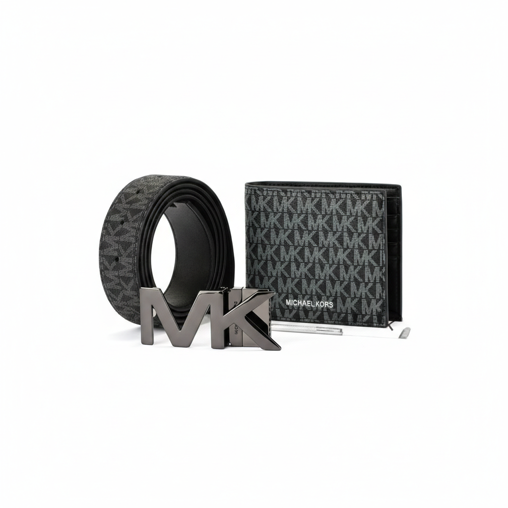 Straight-on view of a Michael Kors men's black gift set featuring a monogram patterned wallet, reversible belt, rotating MK buckle, and sizing tool