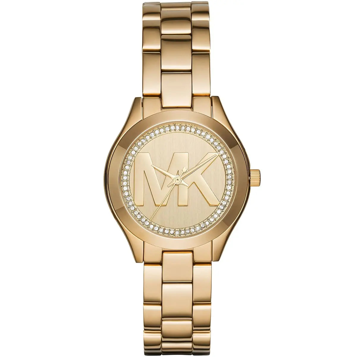 Michael Kors MK3477 Mini Slim Runway Women's Gold Watch with MK Logo and Crystals