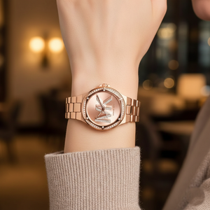 Elegant woman wearing Michael Kors MK1063 rose gold logo watch on smooth hairless wrist