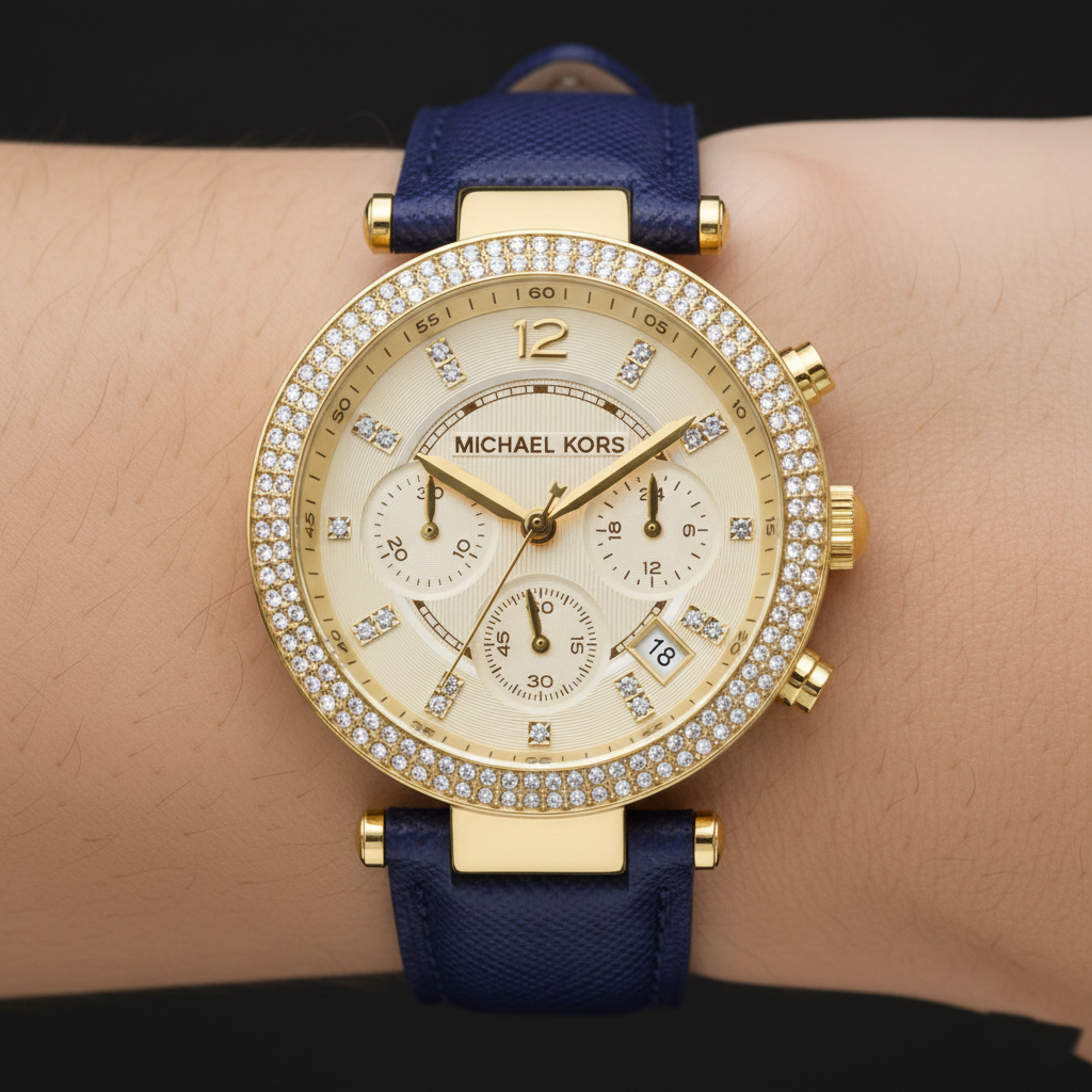 تفاصيل مينا ساعة Michael Kors MK2280 الذهبية والإطار المرصع بالكريستال