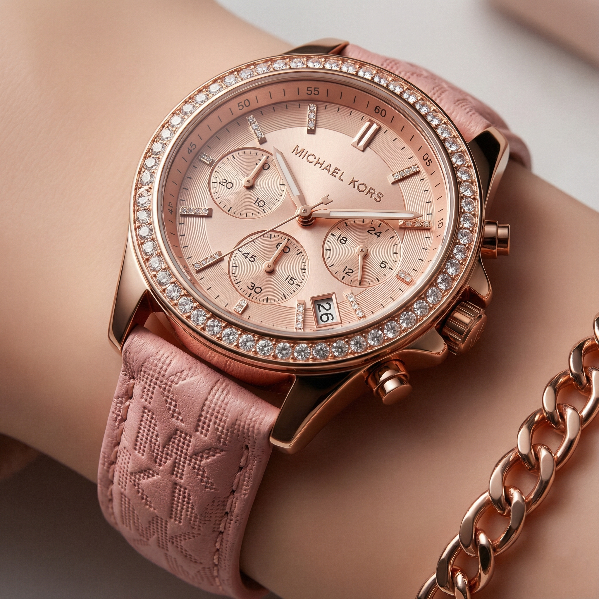 تفاصيل مينا ساعة Michael Kors MK2955 الروز جولد والإطار الكريستال