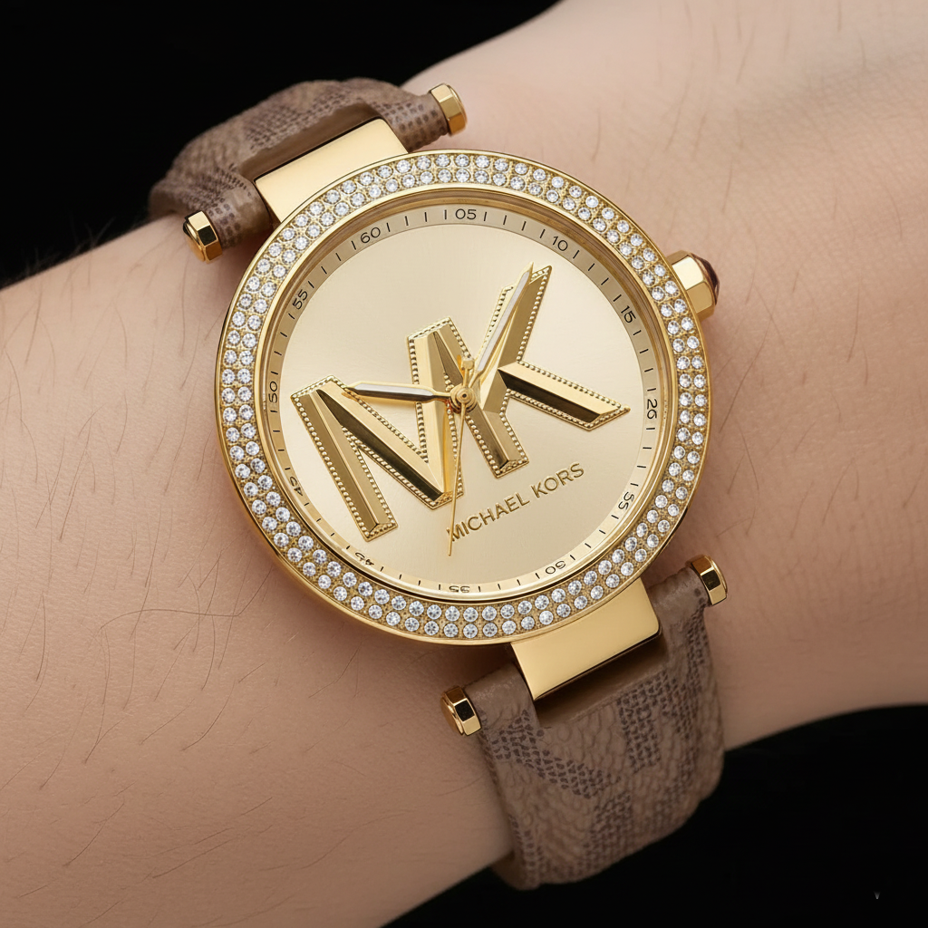 تفاصيل مينا ساعة Michael Kors MK2973 اللوجو الكبير وخامة الجلد الطبيعي الأصفر