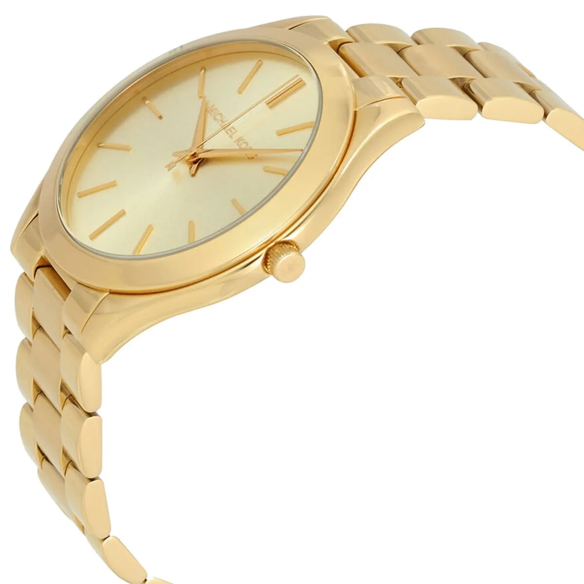 Angled front view of Michael Kors MK3179 showing flat crystal and clean bezel