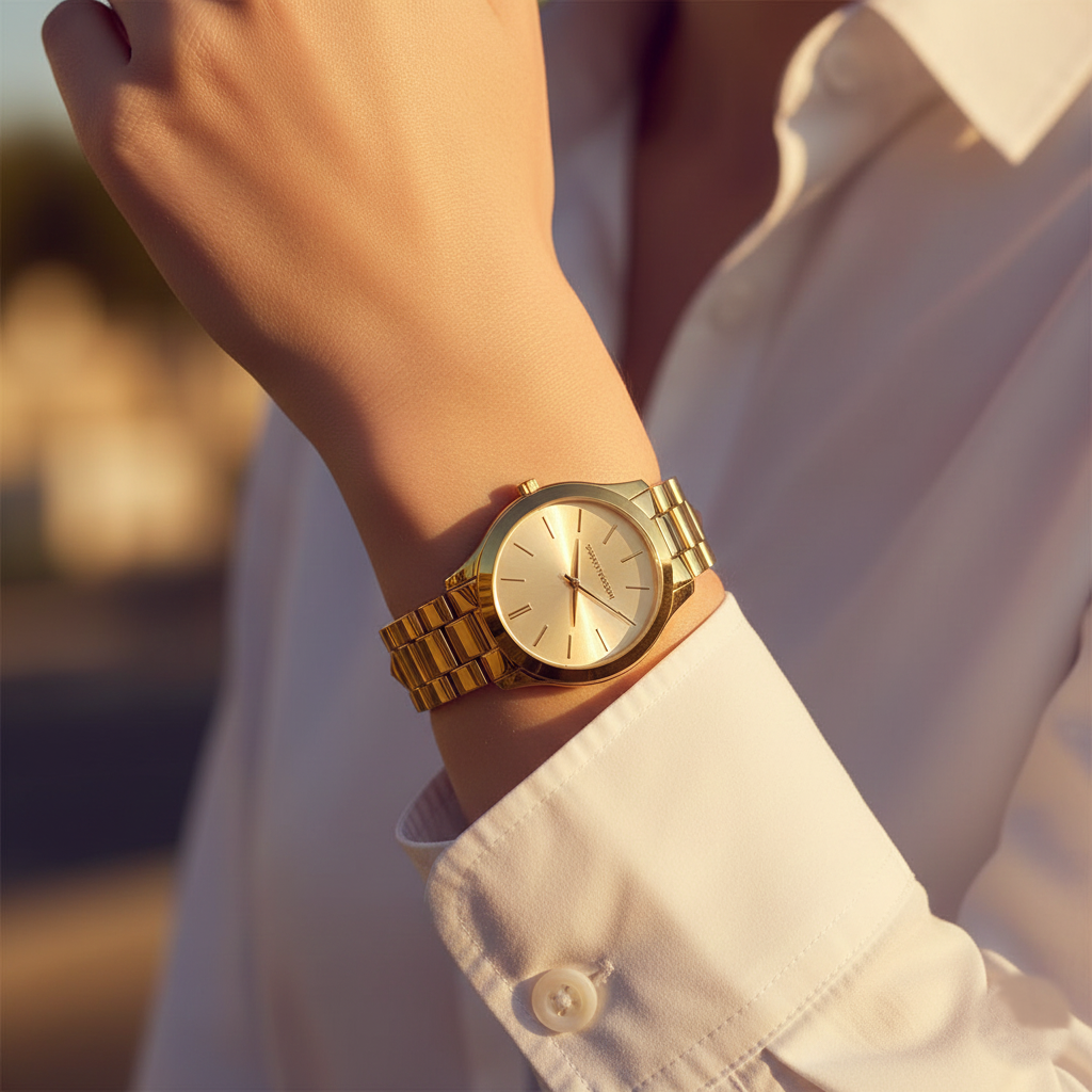 Classic style woman wearing Michael Kors MK3179 gold watch on smooth hairless wrist