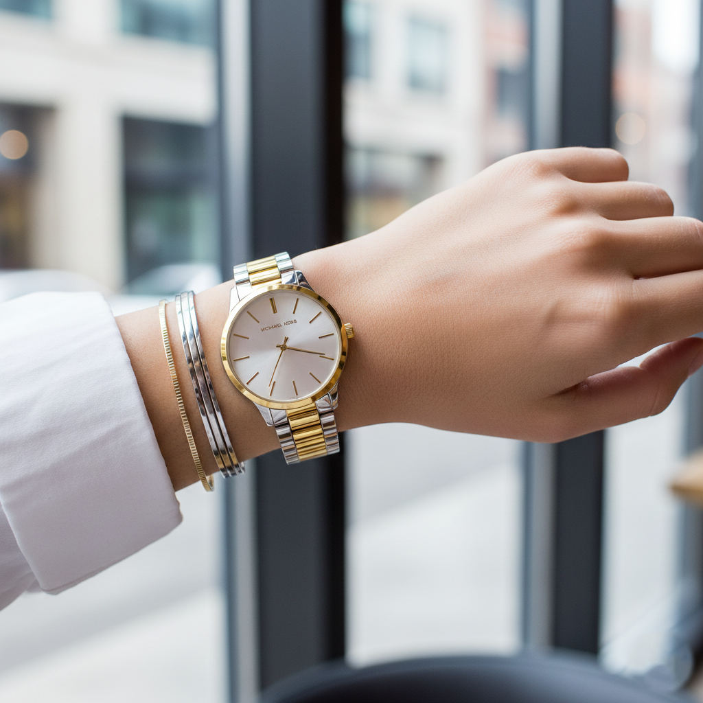 Stylish woman wearing oversized Michael Kors MK3198 two-tone watch with smooth wrist