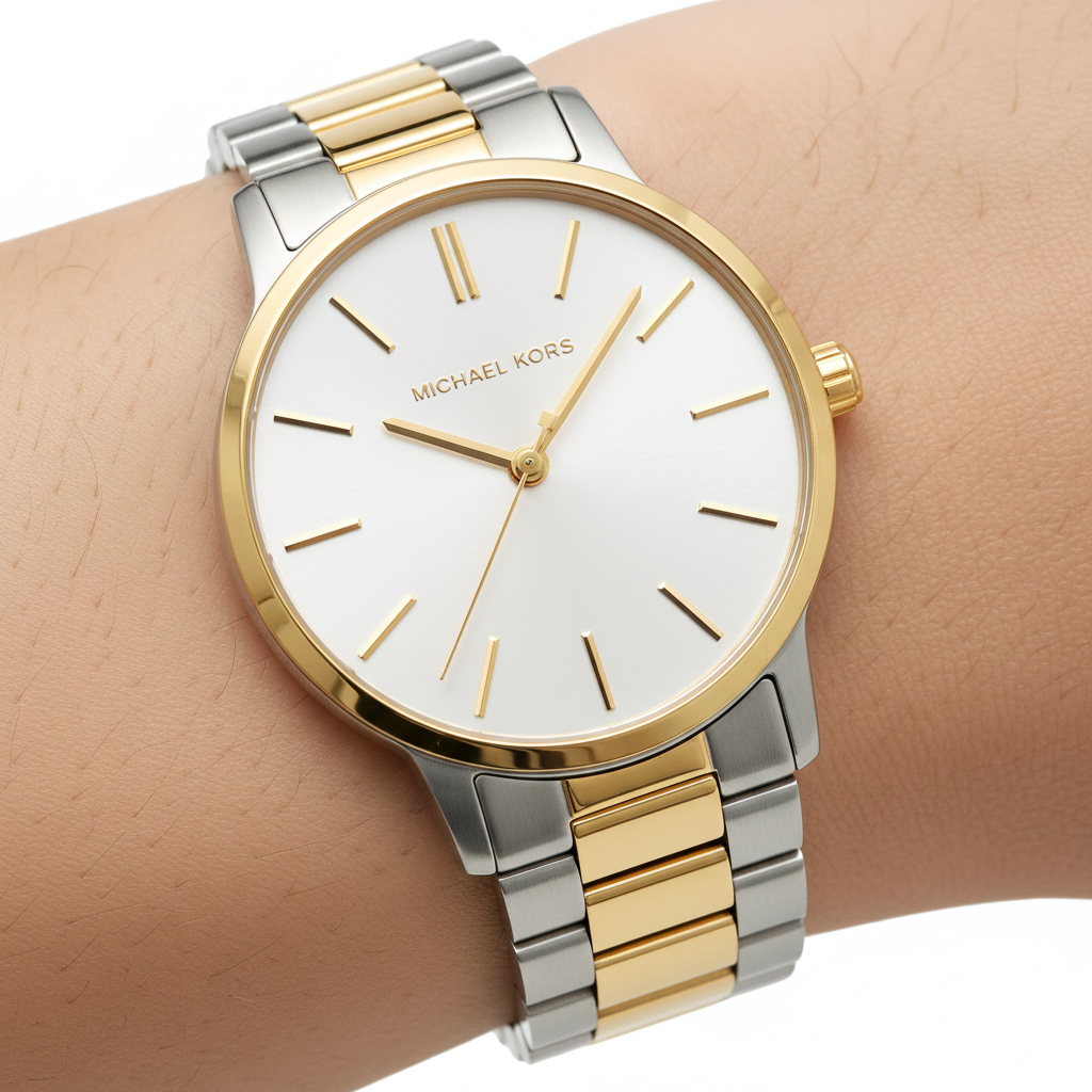 Extreme close-up of Michael Kors MK3198 white dial and gold stick indices